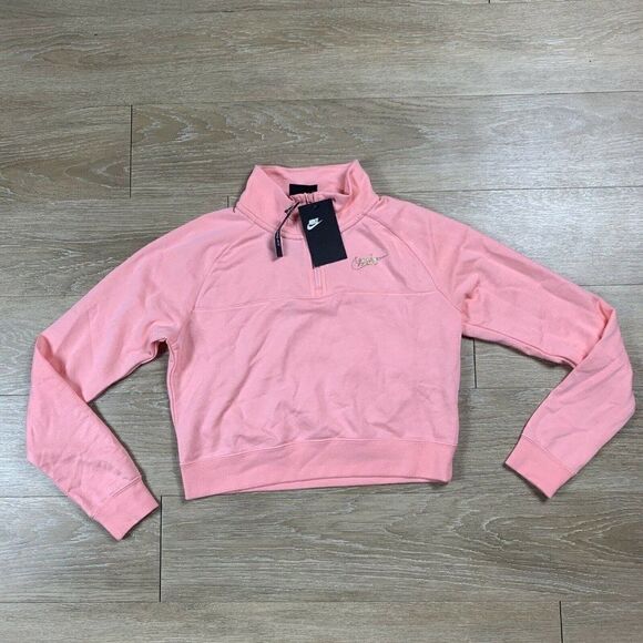 Nike Quarter Zip Fleece Hoodie Womens XS Coral Gold Glitter Swoosh CQ7180-697 - Picture 1 of 3